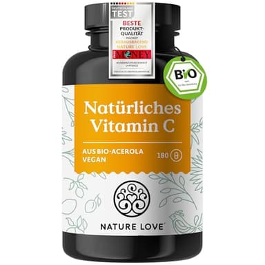 NATURE LOVE® Natürliches Vitamin C aus Bio Acerola Extrakt - Hochdosiert - Beste Bioverfügbarkeit - 180 Kapseln - Immunsystem - oxidativer Stress - laborgeprüft, vegan und in Deutschland produziert