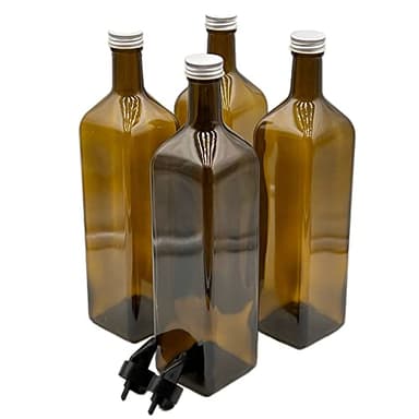 Devitre 4er Set Ölflasche 1000 ml mit 2x Ausgießer aus Kunststoff und Etiketten