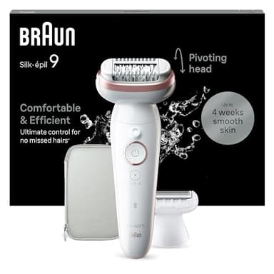 Braun Silk-épil 9 Epilierer Damen, Schwenkbarem Kopf für eine Einfache Haarentfernung, Wet&Dry, Langanhaltend Seidig-glatte Haut, Ladyshaver, Rasieraufsatz und Trimmeraufsatz, SES9-030, Weiß, Rosa