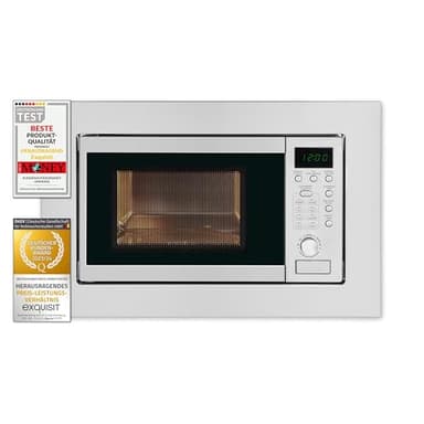 Exquisit EMW 20.1G Einbau-Mikrowelle | 20 L Garraum | 800 W | Inoxlook | 1000 W Grilleistung | 5 Leistungsstufen | Timer | Drehteller: 24,5cm Ø | 8 Autokochprogramme | Innenbeleuchtung