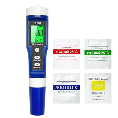 Homcoice pH Chlor Messgerät Pool 5-in-1, pH Chlor ORP H₂ (hidrógeno) Temperatur Meter schnelle und genaue Messung, Wasserqualitätstester für Trinkwasser, Aquarium, Spa, Hydrokultur