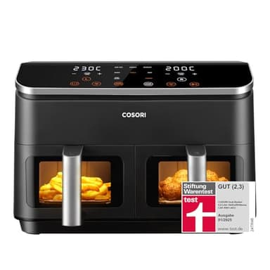 COSORI Heißluftfritteuse 2 Kammern, Testsieger der Stiftung Warentest, 6-in-1 Dual Zone Air Fryer 8,5 L, Doppelkammer mit Sichtfenster für ausgewogene Mahlzeit, Helles Silber