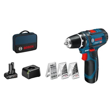 Bosch Professional 12V System Akku Bohrschrauber GSR 12V-15 (39 tlg. Zubehörset, 1x 2.0Ah Akku, 1x 4.0Ah Akku, Ladegerät, in Tasche), schwarz, blau, Size
