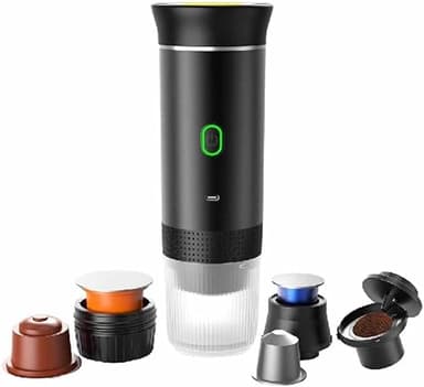 Micmetago Tragbare Kaffeemaschine mit Akku – 3-in-1 Espressomaschine für Kaffeepads & gemahlenen Kaffee – USB-C Ladefunktion, kompakt & leicht – ideal für Reisen, Auto & Camping (Schwarz)