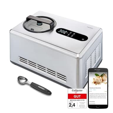 MEDION smarte Eismaschine mit Kompressor (selbstkühlend, 2 Liter, App Steuerung inkl. Eis-Rezepte, Joghurt, Eiscreme, Sorbet, LED Display, Edelstahl, MD12170)