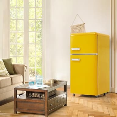 Merax Retro-Kühlschrank, 72 Litern Volumen und 21 Litern Gefrierraum, LED-Beleuchtung, 120 kWh/Jahr, Erhältlich in Gelb [Energieklasse E]