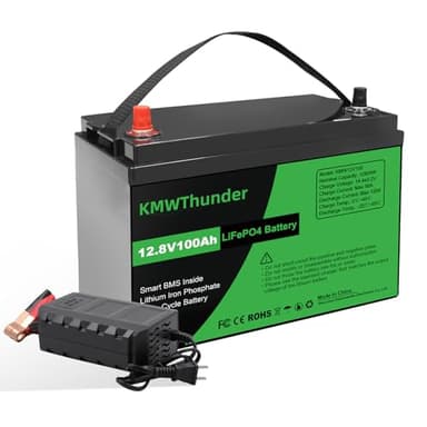 KMWThunder 12V 100Ah LiFePO4 Batterie, Lithium Akku 1280Wh, Deep Cycle, mit BMS Schutz & Ladegerät, zu 15000 Zyklen, Ideal für Motorhome, Solar & Boot, LiFePO4 Lithium Batterie
