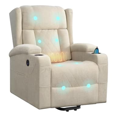 WOLTU Massagesessel, elektrisch verstellbar, mit Liegefunktion Aufstehhilfe, Massage Heizung Fußstütze Seitentaschen Becherhaltern USB-Port, Frottee, Beige