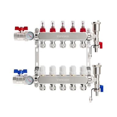 VANCOCO Heizkreisverteiler Edelstahl für 5 Heizkreise mit Eurokonus 16 × 2 mm, Fußbodenheizung Verteiler, Schnellentlüfter Set, 1" Kugelhähne, 5 L/min Durchfluss, Durchflussmesser