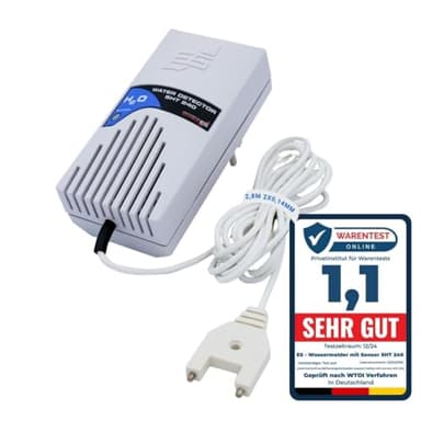 Schabus Wassermelder SHT 240 – Steckbarer 230 V-Wassersensor mit 2,8 m Gabel-Sensorleitung (verlängerbar bis 50 m), akustisch + optisch, 90 dB, Plug-and-Play