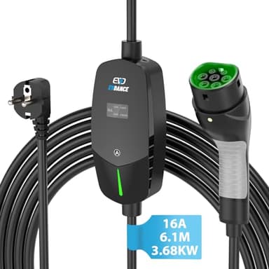 EVDANCE Ladekabel Typ 2 schuko 3.68KW [6.1m|6-16A] Tragbares Ladekabel EU Standard Schuko 2-Pin Ladegerät mit OLED Bildschirm für i3, e-Up, ID.3, ID.4, Zoe, fortwo, Kona