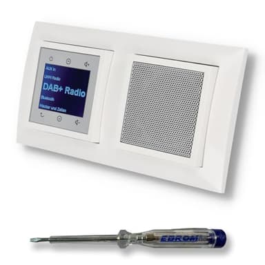 BERKER Unterputz DAB+ und Bluetooth Radio 30848989 mit Lautsprecher polarweiß glänzend mit 2fach Rahmen Berker 10128989 inkl. EBROM Phasenprüfer zur Montage der Geräte