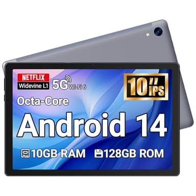 Tablet 10 Zoll Android Tablet Octa Core 10 GB RAM 128 GB ROM 1280 * 800 HD IPS Touchscreen Dual Kamera WiFi 6 BT 5.3 5000 mAh Akku 2025(Grau)