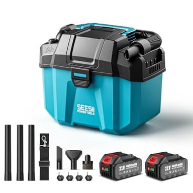 SEESII Akku Nass und Trockensauger, 3-in-1 Werkstattsauger mit Gebläse 2x4000mAh Batterien, 10L Nass Trockensauger Mini, Schultergurt, 4 Rädern und Aufsätzen, Ideal für Werkstatt/Auto/Baustelle (Blue)