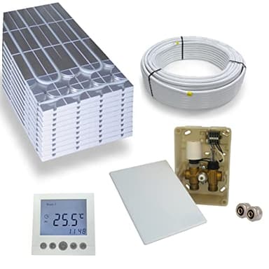 Warmwasser Trockenestrich Fußbodenheizung HoWaTech DRY Komplett Set 5/10m² Dämmplatte 30mm EPS WLG 035 DEO und E-Regelbox Digital Thermostat, Heizfläche:5.00m²