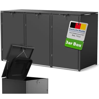 Gartenzeit® Mülltonnenbox Metall RAL 7016, verzinkt und pulverbeschichtet – 3er/4er Mülltonnenhaus, abschließbar, wetterfest, mit Gasdruckfedern – für 120–240 L Tonnen (3er)