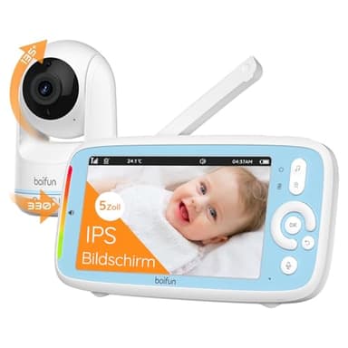 Boifun Babyphone mit Kamera, 5" IPS Video Babyfon ohne WLAN, PTZ 360 Grad Nachtsicht, Geräusch-/Temperaturerkennung, Plug & Play, 300m Hohe Reichweite, 3050mAh Akku, Zwei-Wege Audio, Wiegenlieder