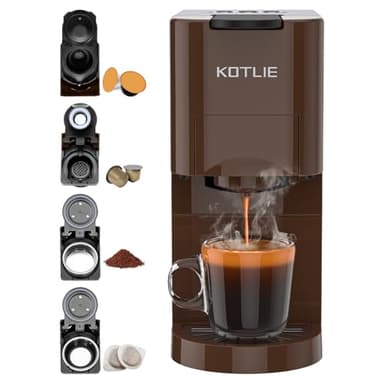 KOTLIE Espresso Kaffeemaschine, 4 in1 Kaffeemaschine für NES/DG/Mehl/ESE(44mm) Kapsel Espressomaschine, 19 Bar(BRAUN)