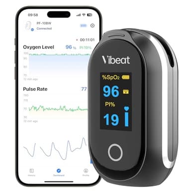 Vibeat Schlaf Bluetooth Pulsoximeter mit Dauermodus, Wiederaufladbares Sauerstoffsättigungs messgerät für Finger mit 80 Stunden Datenaufzeichnung, Blutsauerstoffmessgerät Finger mit Auto Datensynchron