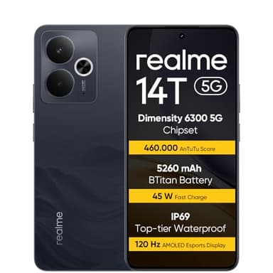 realme 14T 5G Smartphone 8+256GB, Dimensity 6300 5G Chipsatz, 6000mAh Titan Battery, 45W Fast Charge, 120Hz AMOLED Esports Display, IP69, NFC, Black RR(no Adapter)