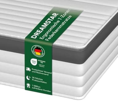 DREAMSTAR Gold Taschenfederkernmatratze 90 x 200 cm H3 | Ergonomische 7-Zonen Matratze | 21 cm Höhe | Hypoallergen & Antibakteriell | Oeko-TEX® | Doppeltuch-Bezug waschbar | 21cm, 90x200cm