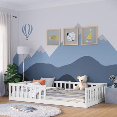 Bellabino Vere Bodenbett 120x200 cm – Montessori Kinderbett mit Rausfallschutz & Lattenrost, Massives Boden Bett für Jungen & Mädchen aus Holz Kiefer – Kleinkindbett in Weiß