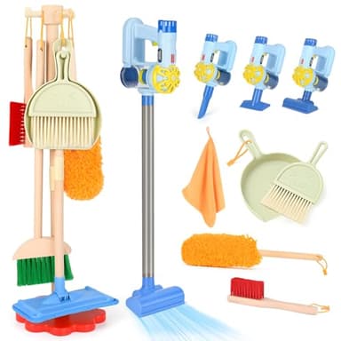 Dreamon Kinderstaubsauger Mit Saug und Soundfunktion, 11 PCS Putzset Kinder Holzspielzeug, Kinderbesen Spielzeug ab 3 Jahren