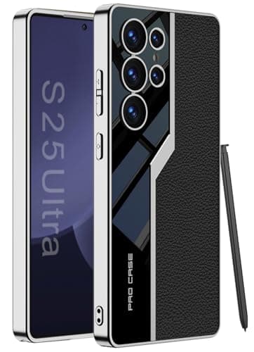 Furwabo Leder Hülle für Samsung Galaxy S25 Ultra, Ultradünnes Sportwagen-Design Luxuriöses Galvanisiertes Leder mit Silikon-TPU-Stoßfester Schutzhülle für Samsung Galaxy S25 Ultra (Schwarz)