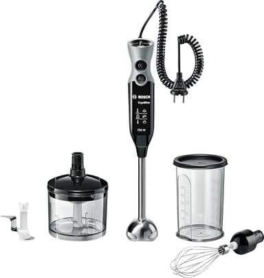 Bosch Stabmixer ErgoMixx MSM67170, Edelstahl-Mixfuß, Universalzerkleinerer, Mix- und Messbecher, Schneebesen, Ice-Crush-Klinge, leichtes Gehäuse, 12 Stufen plus Turbostufe, 750 W, schwarz/grau