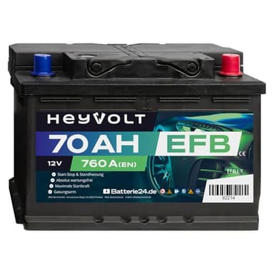HeyVolt EFB Autobatterie 12V 70Ah 760A Hochleistungs-Blei-Säure-Batterie, Start-Stop geeignet, Langlebig, Kompatibel mit PKW