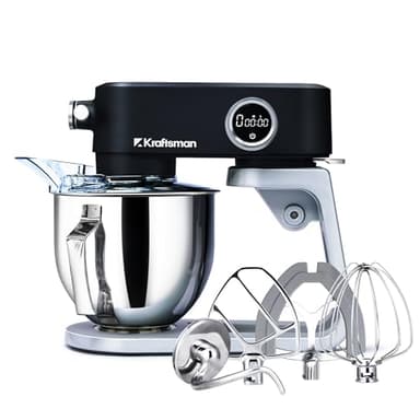Kraftsman Küchenmaschine, Knetmaschine für Brotteig,Ganzmetallgehäuse,8 Stufen mit Timer,5 L Schüssel, 4 Edelstahl-Aufsätze: Flachrührer, Flexi-Rührer, Knethaken, Schneebesen & Sichtdeckel (Schwarz)