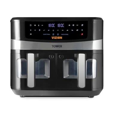 Tower T17100 Vortx Vizion 9 L Heißluftfritteuse mit Zwei Körben, Digitalem Bedienfeld & 10 One-Touch-Voreinstellungen, Schwarz