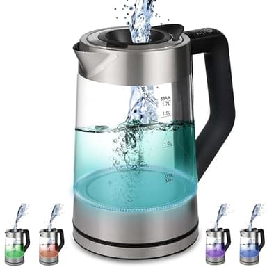 Glas Wasserkocher 1,7 Liter | 2200 Watt | Edelstahl mit Temperaturwahl | Teekocher | 100% BPA FREI | Warmhaltefunktion | LED Beleuchtung im Farbwechsel | Temperatureinstellung (50°C-100°C)