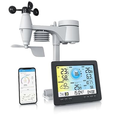 Brandson - Wlan Wetterstation Funk mit 5 in 1 Außensensor – Wetterdaten per App WiFi - Wettervorhersage - Innen und Außentemperatur – Windmesser und Regensensor - Windrichtung - LCD Farbdispay
