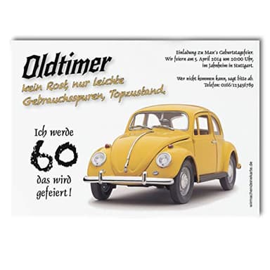 10x Einladungskarten zum Geburtstag Oldtimer Herbie - witzige Einladungskarten zum Geburtstag - Alter Käfer Einladungen zum Geburtstag 30er 40er 50er 60er 70er - Deine Einladung zum Geburtstag
