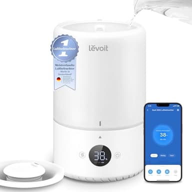 Levoit Top-Fill Luftbefeuchter, 19dB leise, Smart Humidifier für Schlafzimmer, Baby, Luftfeuchtigkeit Sensor, Raumbefeuchter mit 360°Drehdüse für Kinderzimmer, Pflanzen, Auto Shut-off, 3 L, Weiß