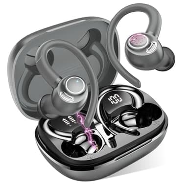 Bluetooth Kopfhörer Sport, in Ear Kopfhörer Kabellos Bluetooth 5.3 mit HD Mic, Herausragender Sound, 40 Std Spielzeit, Comfort Fit, Dual LED-Anzeige, IP7 Wasserdicht Ohrhörer mit Ohrhaken, Grau