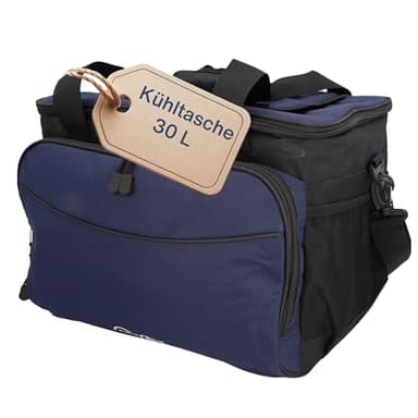 Cartrend Kühltasche 30 L, mit 12V KFZ-Anschlusskabel 1,50 m lang, Verstellbarer Schultergurt, große Fronttasche mit Reißverschluss und 2 seitliche Netze, Pflegeleichte Innenbeschichtung