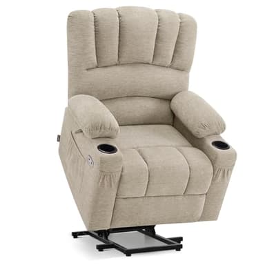 M MCombo Fernsehsessel mit Aufstehhilfe Elektrisch, Verbreiterte Rückenlehne Sessel mit Aufstehhilfe, Massage & Heizung, Relaxsessel mit Liegefunktion bis 145° USB 7102 (Stoff, Beige)