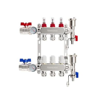 VANCOCO Heizkreisverteiler Edelstahl für 3 Heizkreise mit Eurokonus 16 × 2 mm, Fußbodenheizung Verteiler, Schnellentlüfter Set, 1" Kugelhähne, 5 L/min Durchfluss, Durchflussmesser