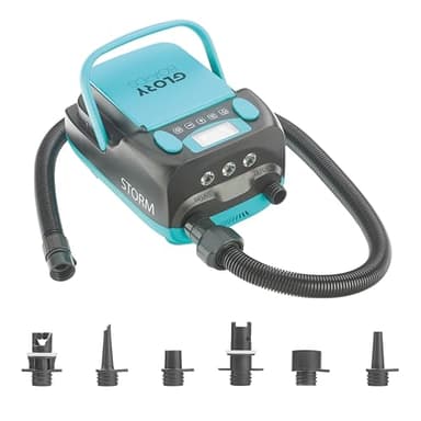 GLORY BOARDS® - Storm Elektrische SUP Pumpe mit Akku - max. 20 PSI, 4 Boards pro Akku, Schnell & Leicht, Perfekt für iSUPs, Schlauchboote, Luftmatratzen, inkl. 6 Adapter, LED-Licht & USB-Ladefunktion