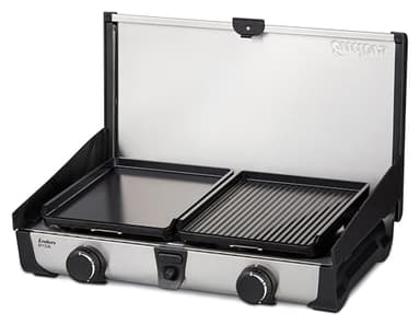 Enders Ryda 2Z GP, Gaskocher mit Zündsicherung, 2-flammig, Edelstahlbrenner 2x2,3 kW, klein und kompakt, inkl. Grillplatte, Gasschlauch und Windschutz, Campinggrill, #1883