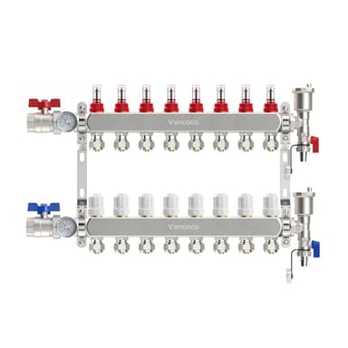 VANCOCO Heizkreisverteiler Edelstahl für 8 Heizkreise mit Eurokonus 16 × 2 mm, Fußbodenheizung Verteiler, Schnellentlüfter Set, 1" Kugelhähne, Durchflussmesser