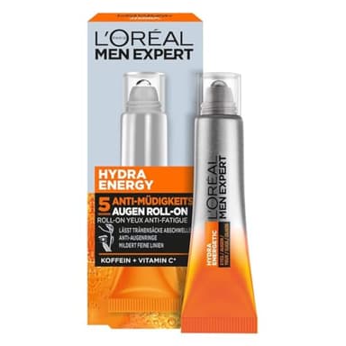 L'Oréal Men Expert Augen Roll-On gegen müde Haut für Männer, Belebende Augenpflege gegen Falten und Augenringe, Herren Feuchtigkeitspflege mit Vitamin C und Koffein, Hydra Energy, 1 x 10 ml