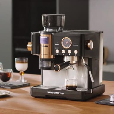 Tjean Barista Senso Doppelboiler Siebträgermaschine mit Mahlwerk und Manuellem Milchschäumer,3-in-1 Dampf-Espressomaschinen,20 Bar ital. Drucksystem,2,8L Wassertank,15 Mahlgradeinstellungen,2300W