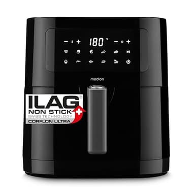 MEDION E40 XL Heißluftfritteuse (5,2 Liter, Airfryer, 2.150 Watt, 9 Automatikprogramme, Backfunktion, ölfreies Frittieren, Touch Bedienfeld, LED Anzeige, MD 11740) schwarz