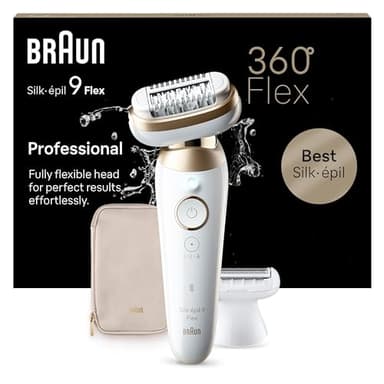 Braun Silk-épil 9 Flex Epilierer Damen mit Flexiblem 360°-Kopf, Wet&Dry, Langanhaltend Glatte Haut, Ladyshaver, Rasieraufsatz und Trimmeraufsatz, Made in Germany, 9-041 3D, Weiß/Gold