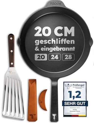 TECOR Gusseisenpfanne induktion 20 cm geschliffen, universell, natürlich - Langlebige Pfanne Gusseisen 20 cm - Antihaft Gusspfanne induktion 20 cm einfach, top Qualität - Cast iron pan induction