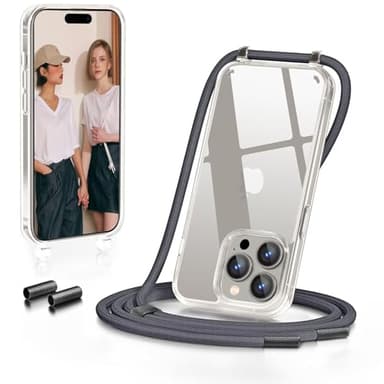 GOODVISH Handykette für iPhone 15 Pro Hülle mit Band | Kameraschutz und Bildschirmschutz | |Necklace Handyhülle mit Schnur Schutzhülle für zum Umhängen |Transparent Case mit Kordel, Dunkelgrau