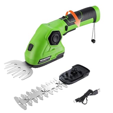 WORKPRO Akku Gras- und Strauchschere, kabellose handliche Grasscheren 7,2V, 2000mAh, 2 Verschiedene Messer, Schnittbreite 9,7cm, Schnittlänge 14cm, mit Akku und Ladekabel